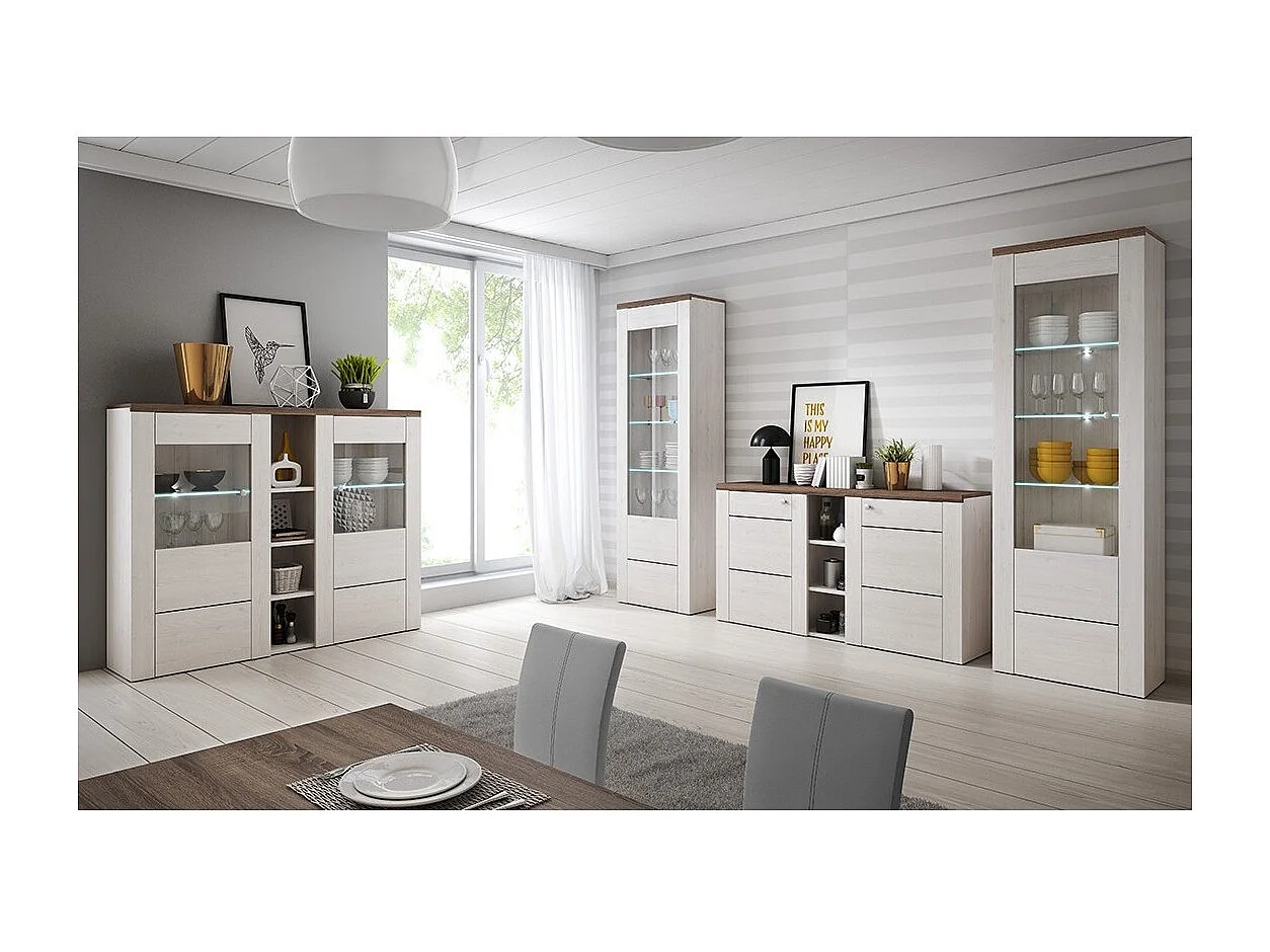 Set di 4 mobili da soggiorno collezione SANTIAGO. Color bianco effetto legno e quercia.