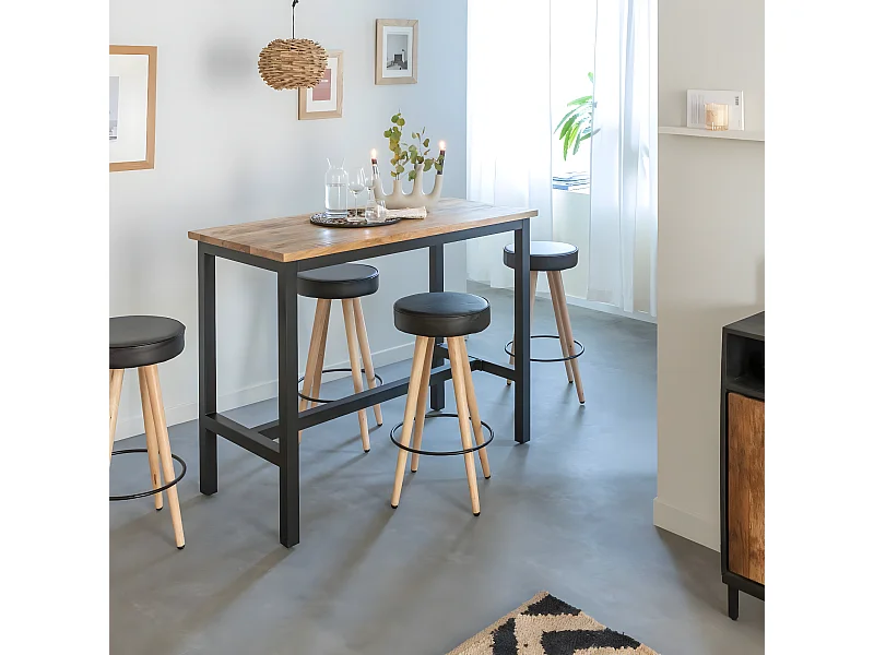 Mesa alta de madera de mango y metal Petra con almacenamiento para 4 personas