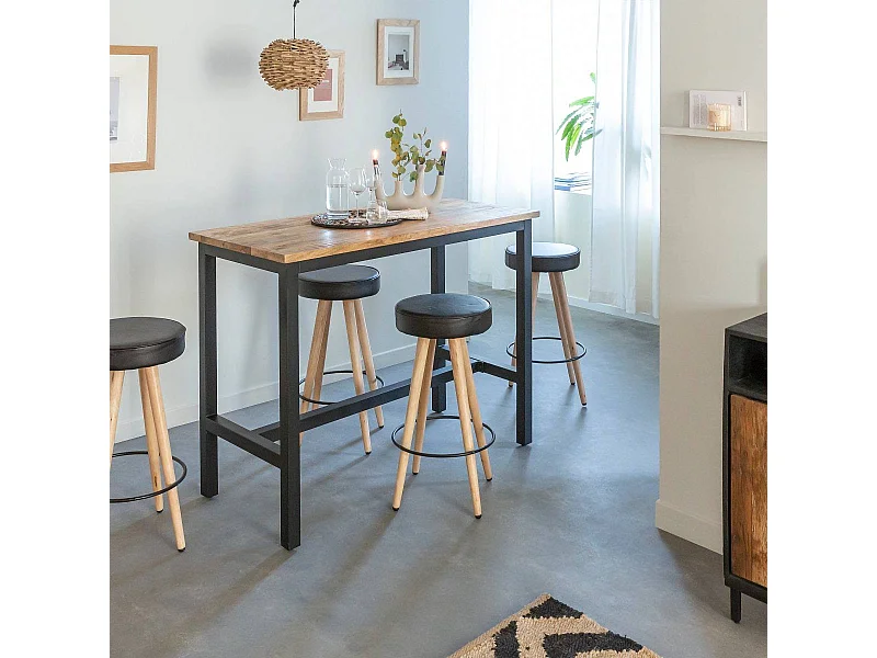 Mesa alta de madera de mango y metal Petra con almacenamiento para 4 personas