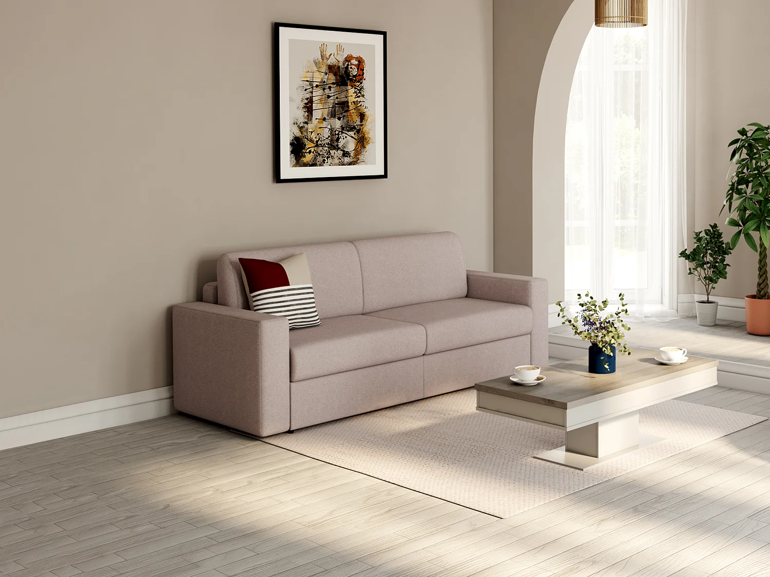 Canapé 3 places convertible express en tissu beige COGLIO