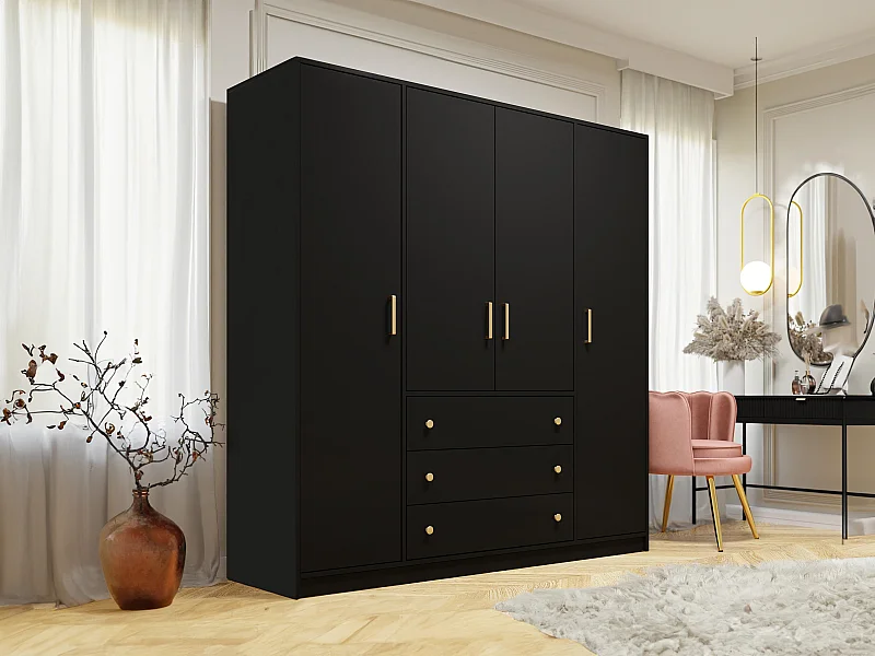 Armoire 4 portes et 3 tiroirs - L196 cm - Noir - LIZANDRO