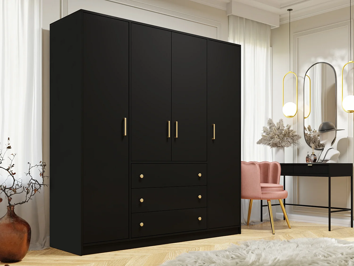 Armoire 4 portes et 3 tiroirs - L196 cm - Noir - LIZANDRO