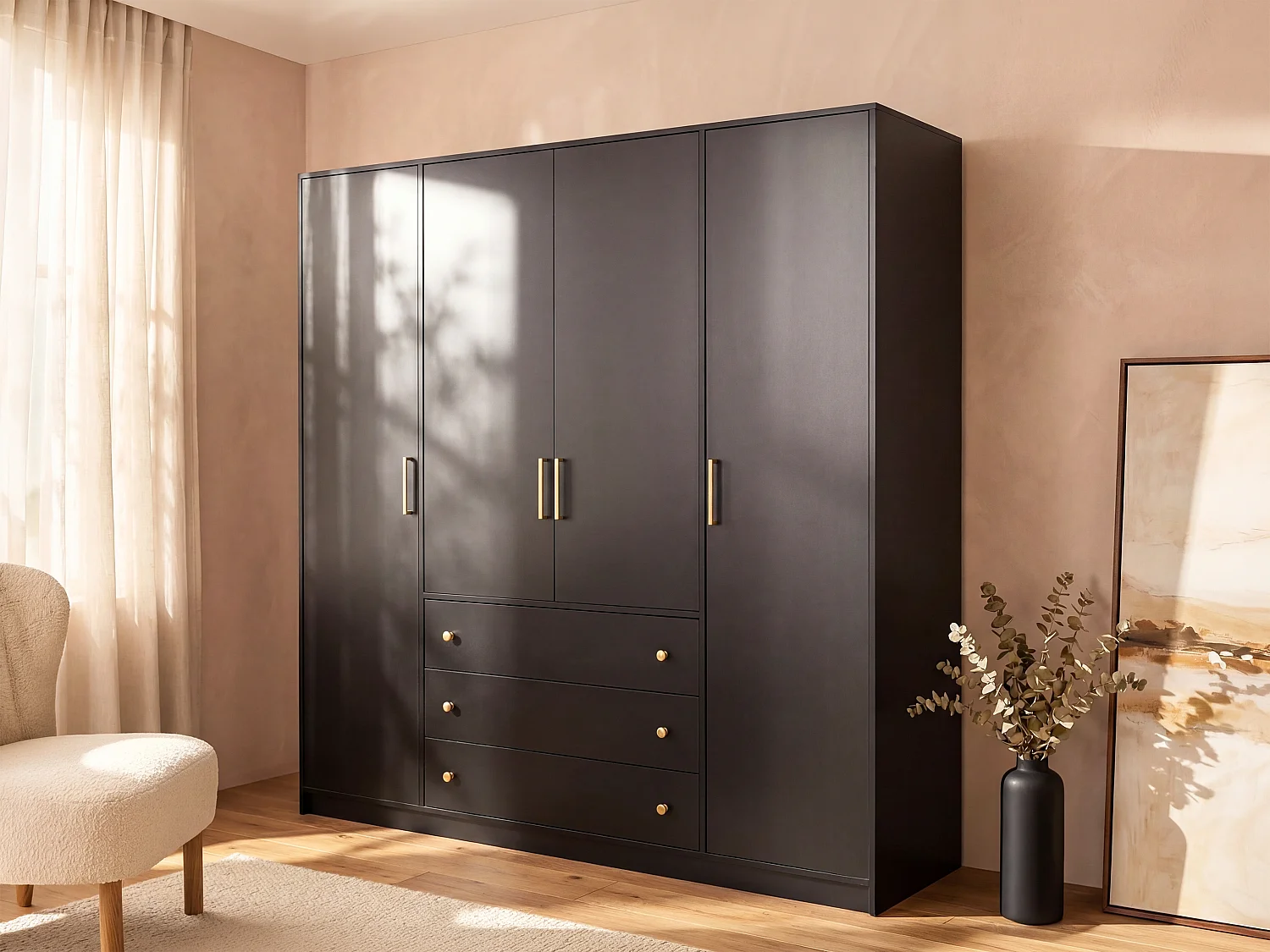 Armoire 4 portes et 3 tiroirs - L196 cm - Noir - LIZANDRO