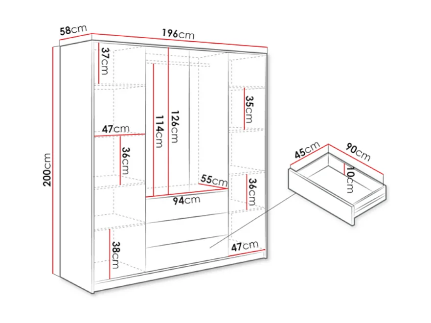 Armoire 4 portes et 3 tiroirs - L196 cm - Noir - LIZANDRO