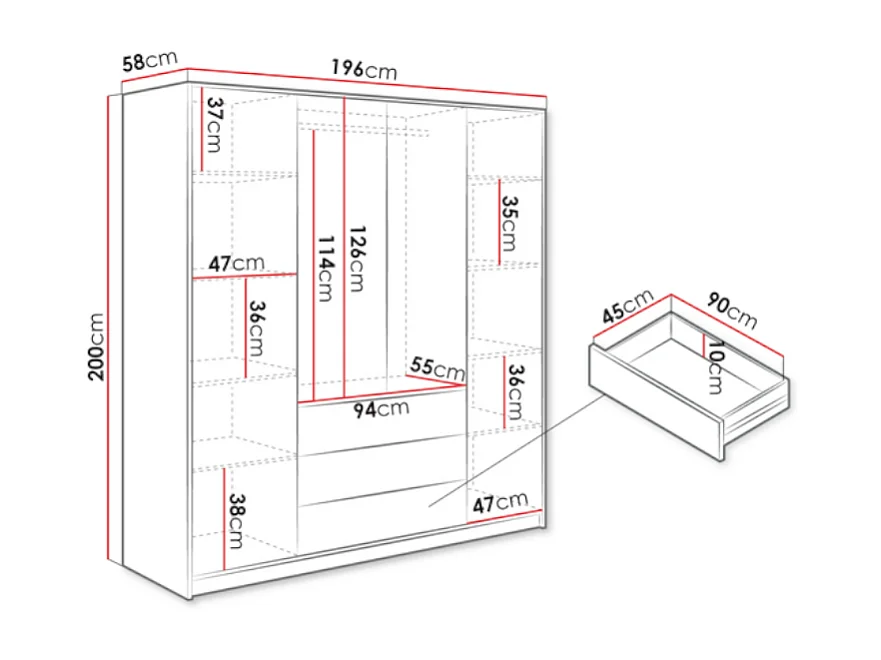 Armoire 4 Portes 3 Tiroirs LIZANDRO 196 Cm - Noir Avec Poignées Dorées - Rangement Pratique Et élégant