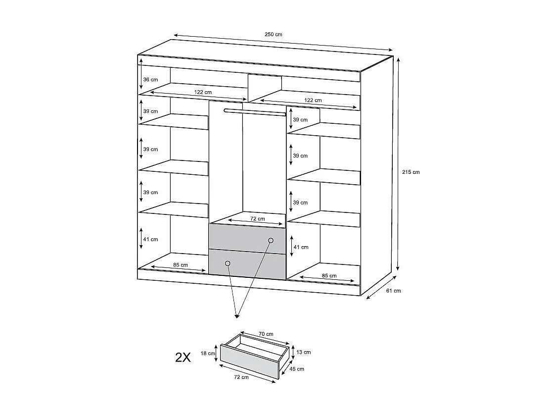 Kast met 3 schuifdeuren - Met spiegel - L250 cm - Kleur: naturel en wit - LEOVIA