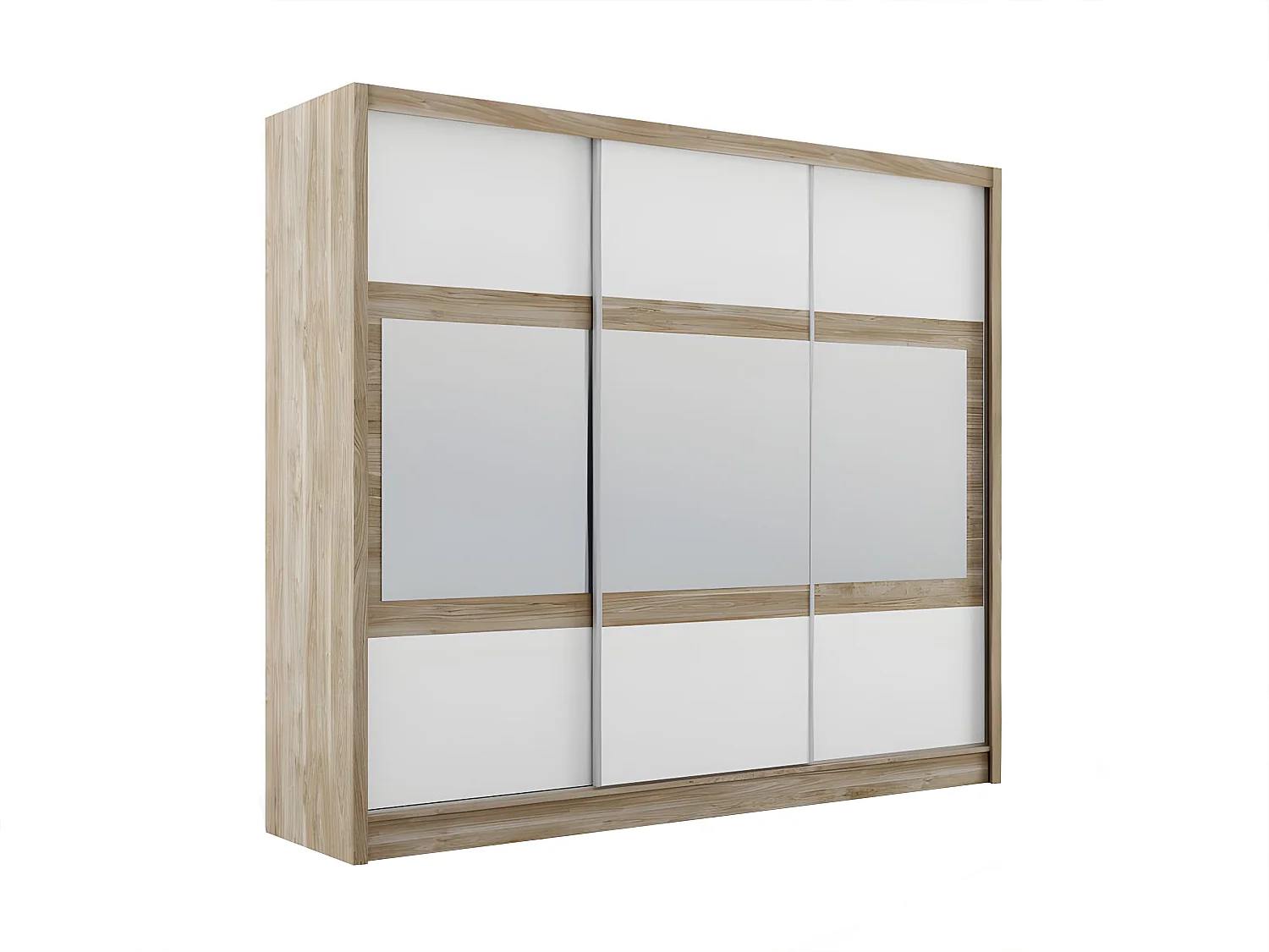 Armoire 3 portes coulissantes - Avec miroir - L250 cm - Coloris : Naturel et blanc - LEOVIA