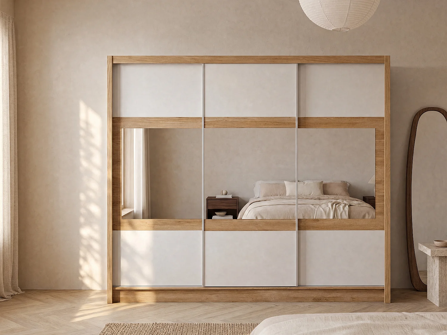 Kast met 3 schuifdeuren - Met spiegel - L250 cm - Kleur: naturel en wit - LEOVIA