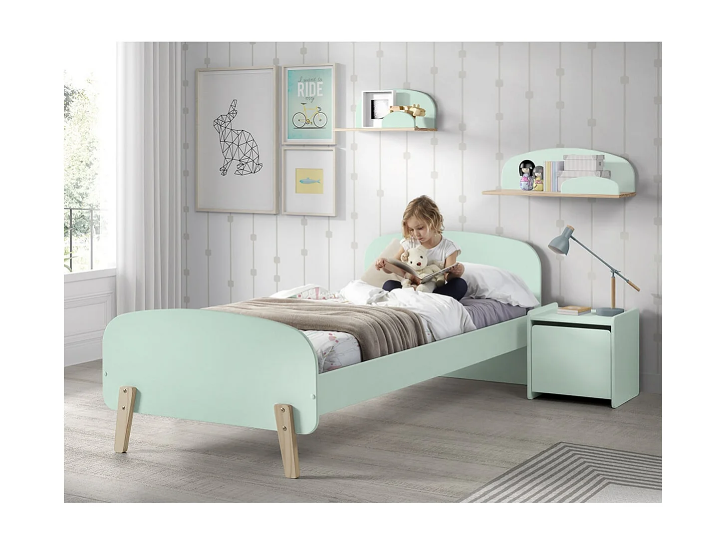 BODHI MINT - Lit 90x200cm + Chevet + Coffre à Jouets
