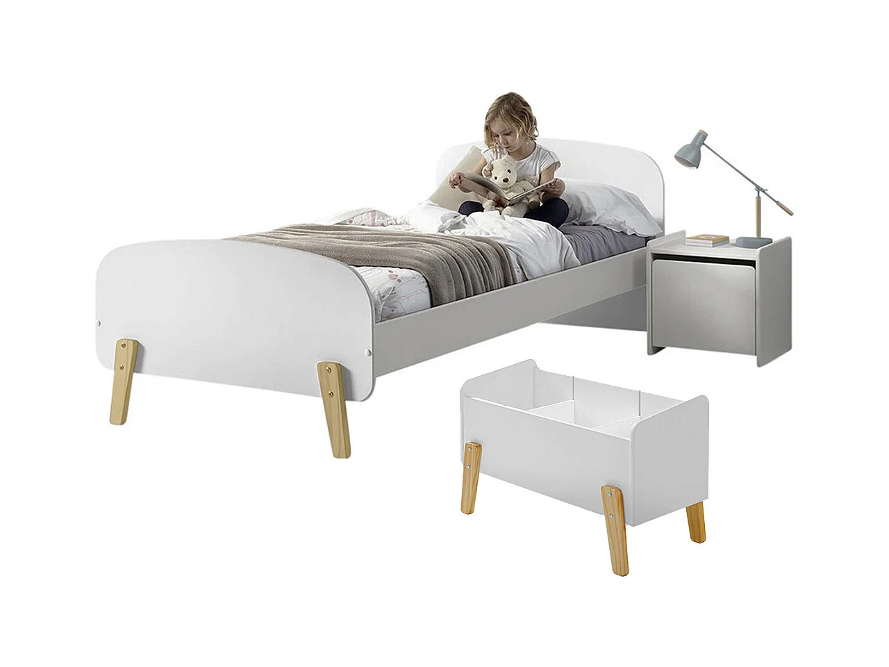 BODHI WHITE - Lit 90x200cm + Chevet + Coffre à Jouets