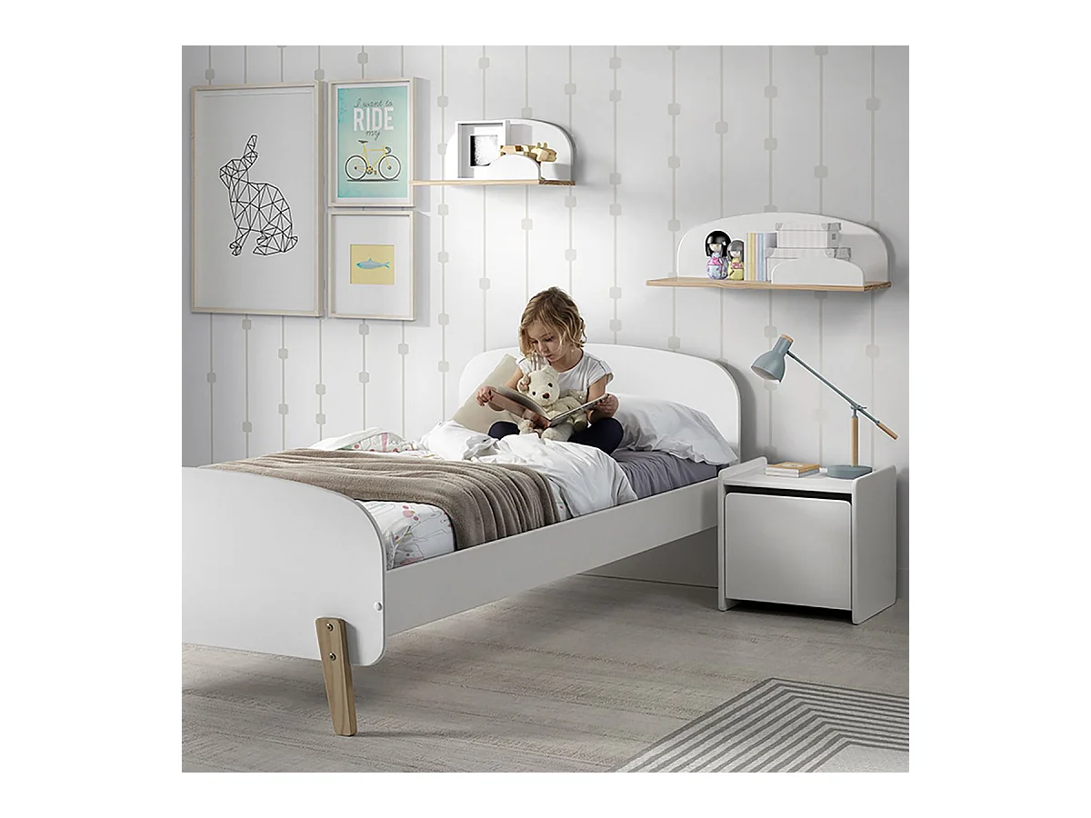 BODHI WHITE - Lit 90x200cm + Chevet + Coffre à Jouets