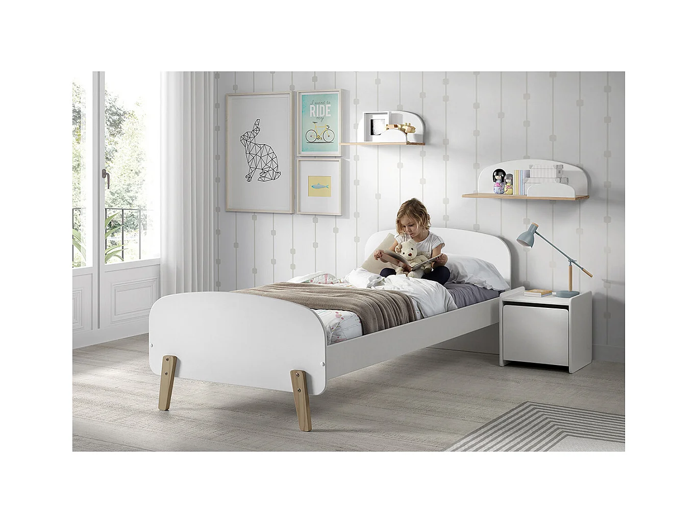 BODHI WHITE - Lit 90x200cm + Chevet + Coffre à Jouets