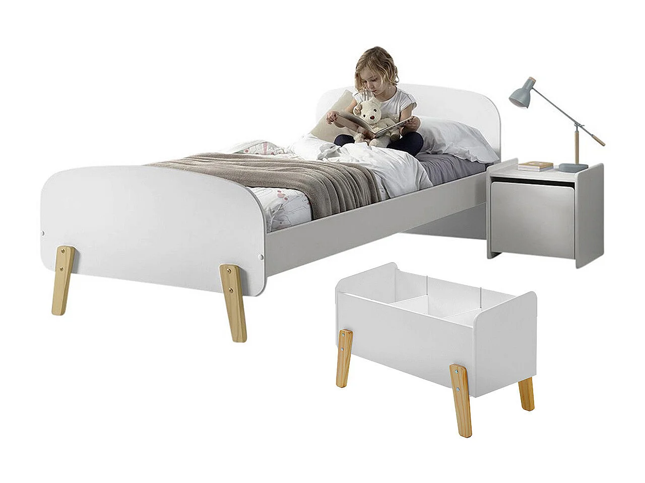 BODHI WHITE - Lit 90x200cm + Chevet + Coffre à Jouets