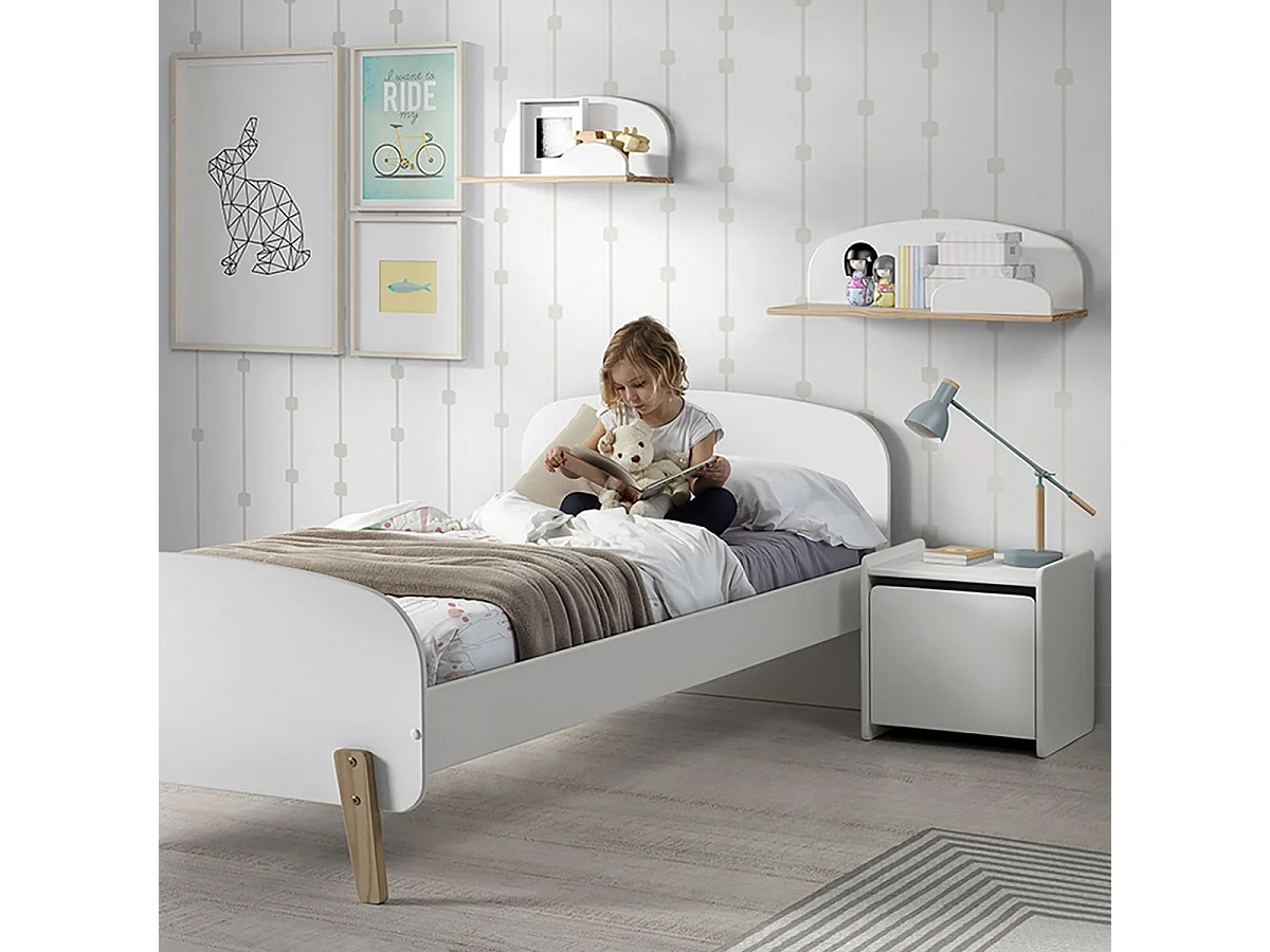 BODHI WHITE - Lit 90x200cm + Chevet + Coffre à Jouets