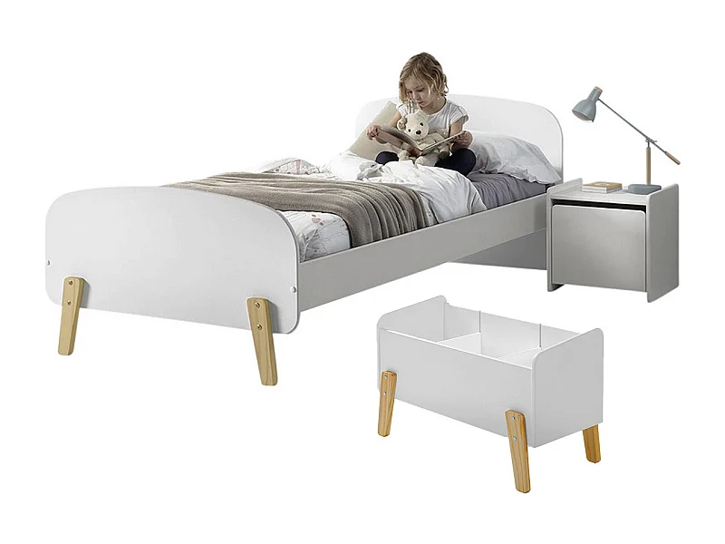 BODHI WHITE - Lit 90x200cm + Chevet + Coffre à Jouets