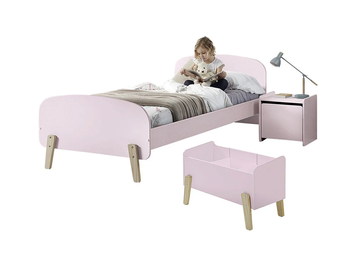 BODHI PINK - Lit 90x200cm + Chevet + Coffre à Jouets
