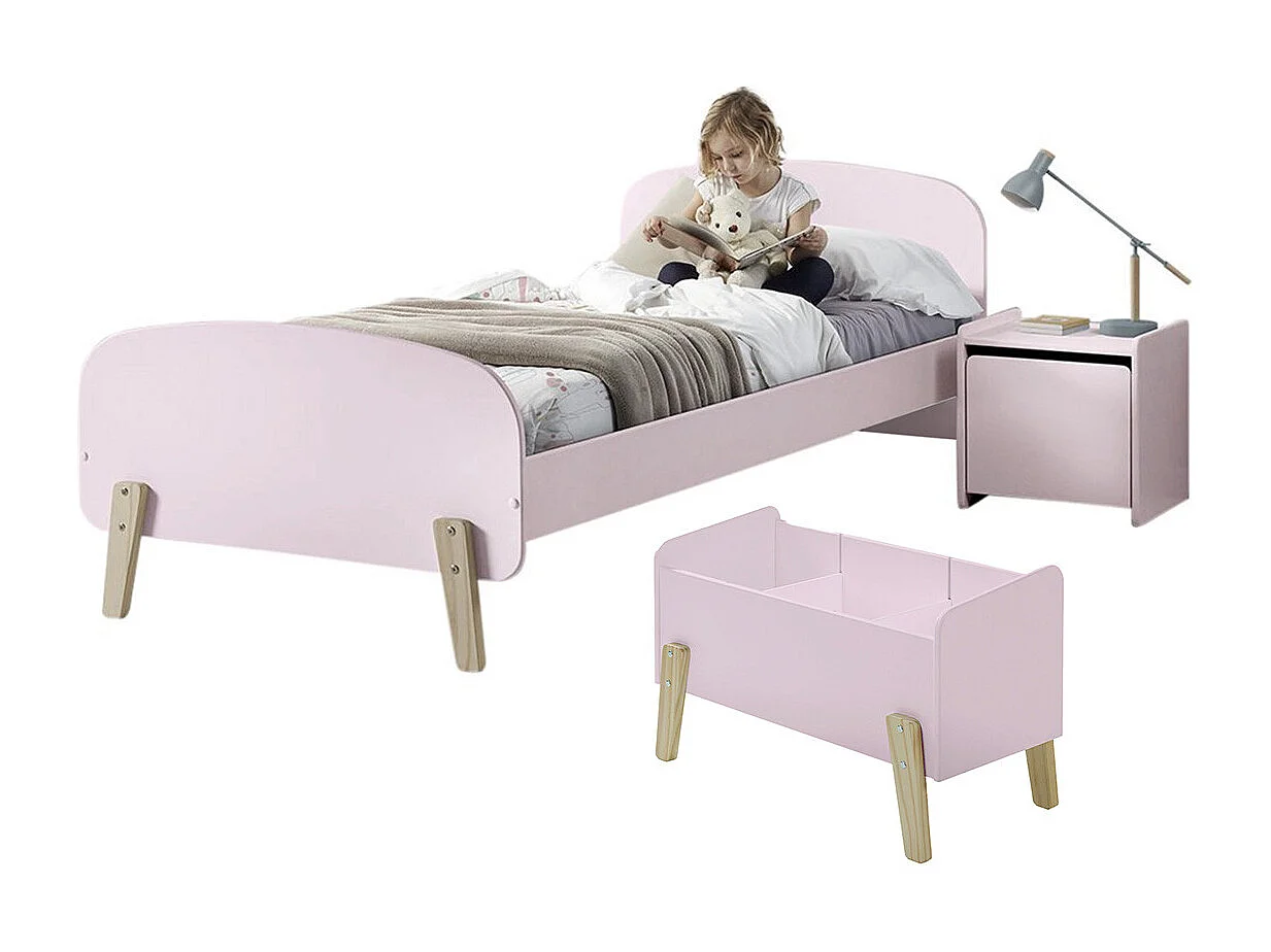 BODHI PINK - Lit 90x200cm + Chevet + Coffre à Jouets