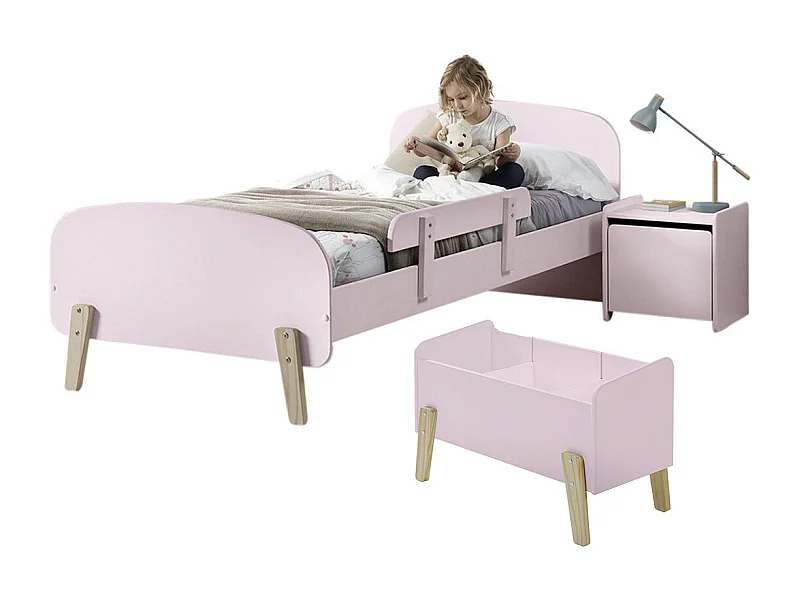 BODHI PINK - Lit 90x200cm avec Barrière + Chevet + Coffre