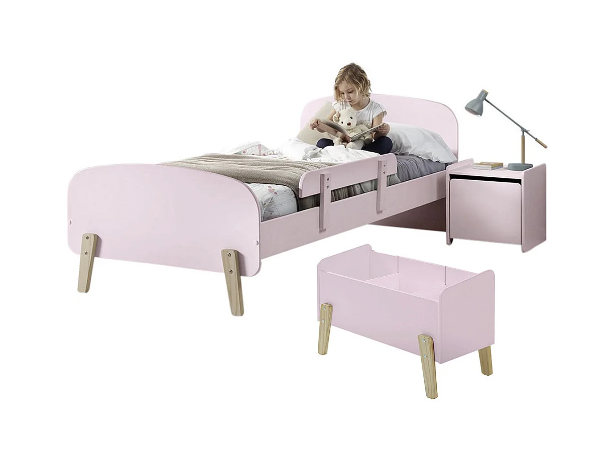 BODHI PINK - Lit 90x200cm avec Barrière + Chevet + Coffre