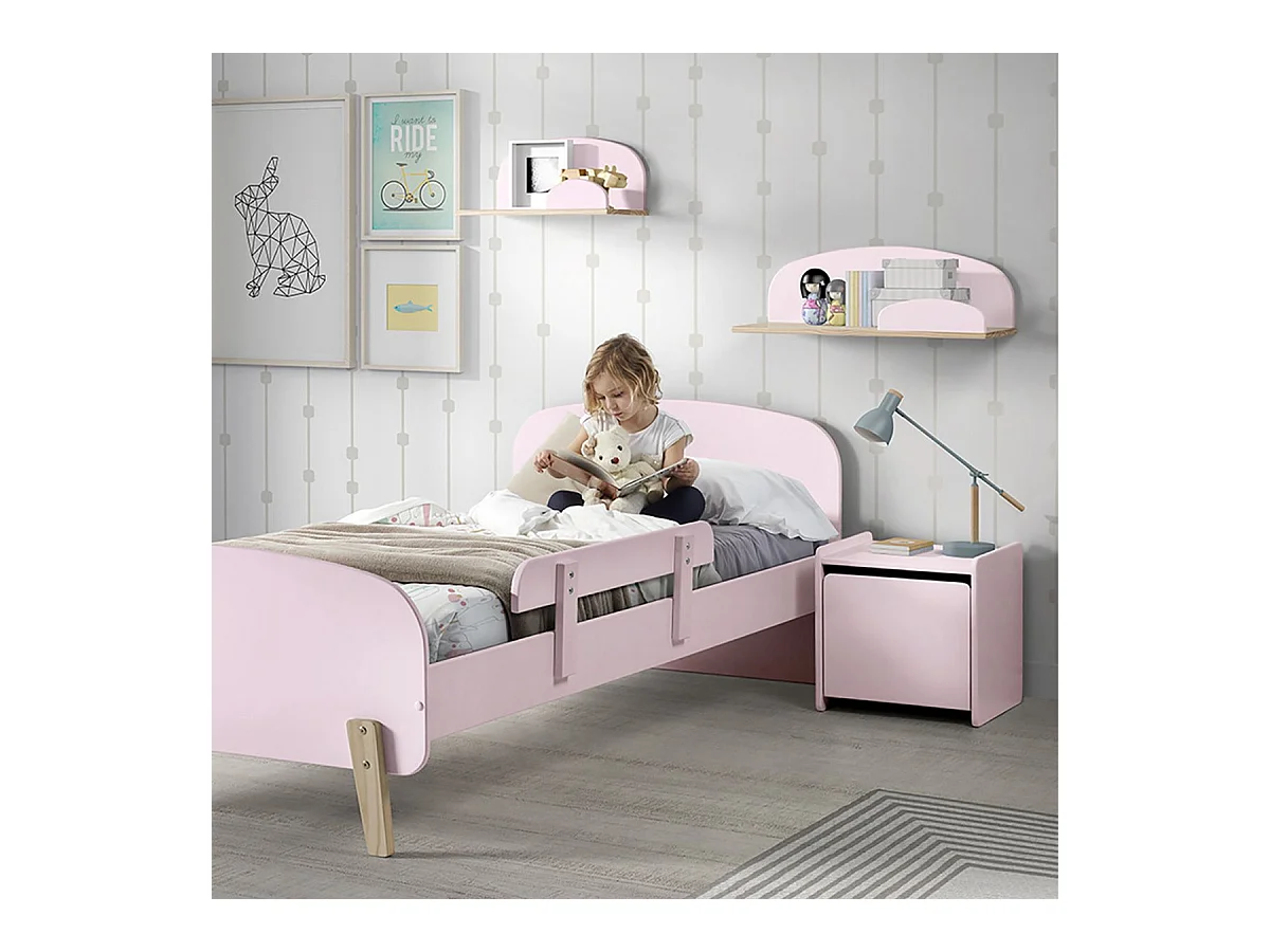 BODHI PINK - Lit 90x200cm avec Barrière + Chevet + Coffre