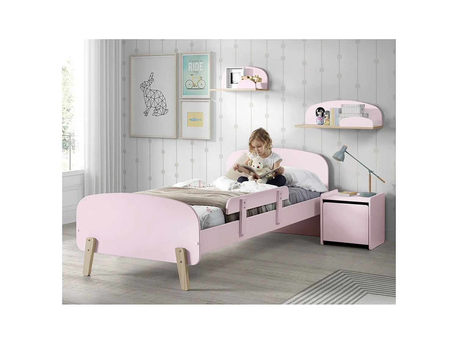 BODHI PINK - Lit 90x200cm avec Barrière + Chevet + Coffre