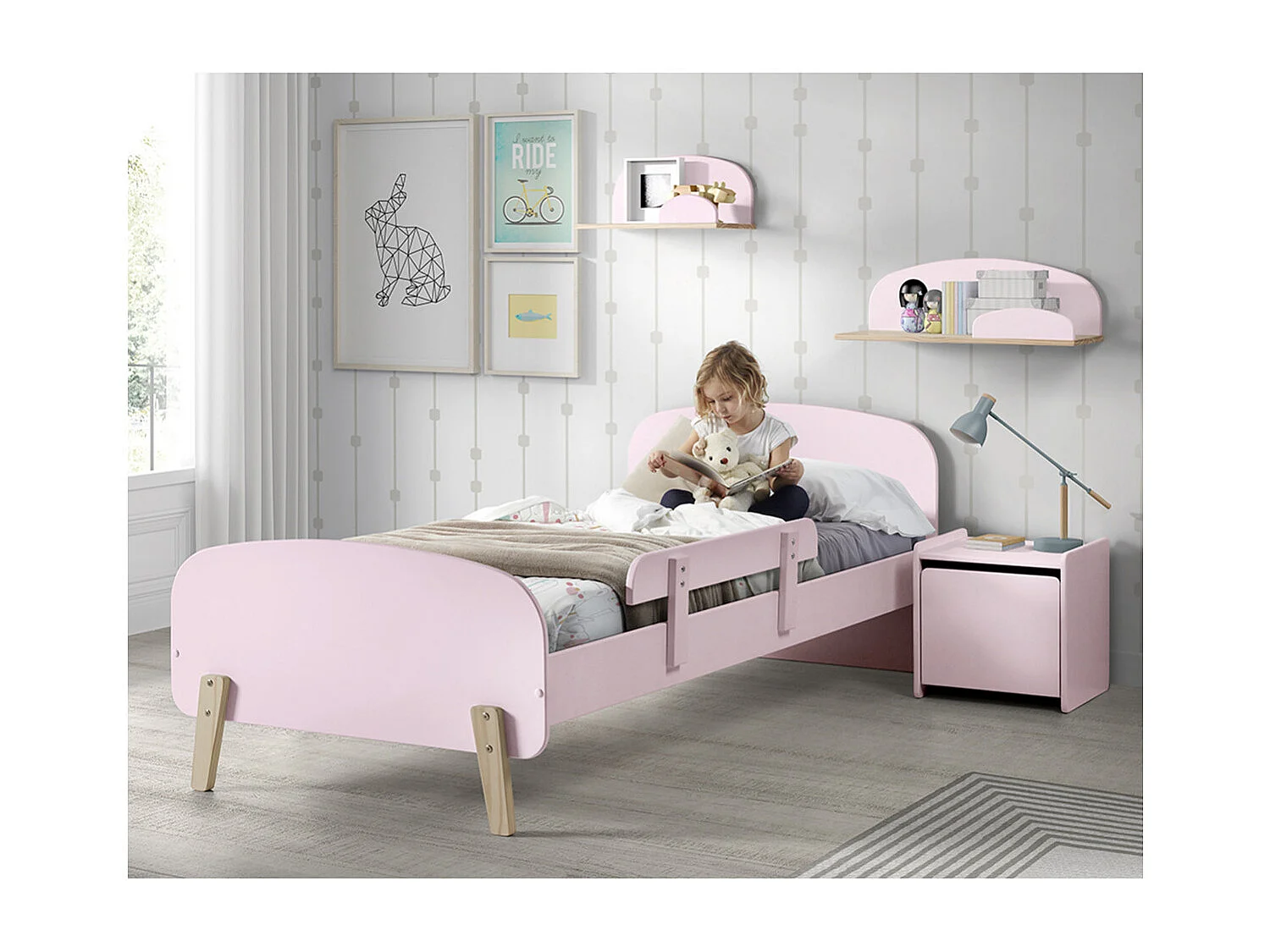 BODHI PINK - Lit 90x200cm avec Barrière + Chevet + Coffre