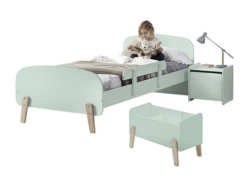 BODHI MINT - Lit 90x200cm avec Barrière + Chevet + Coffre