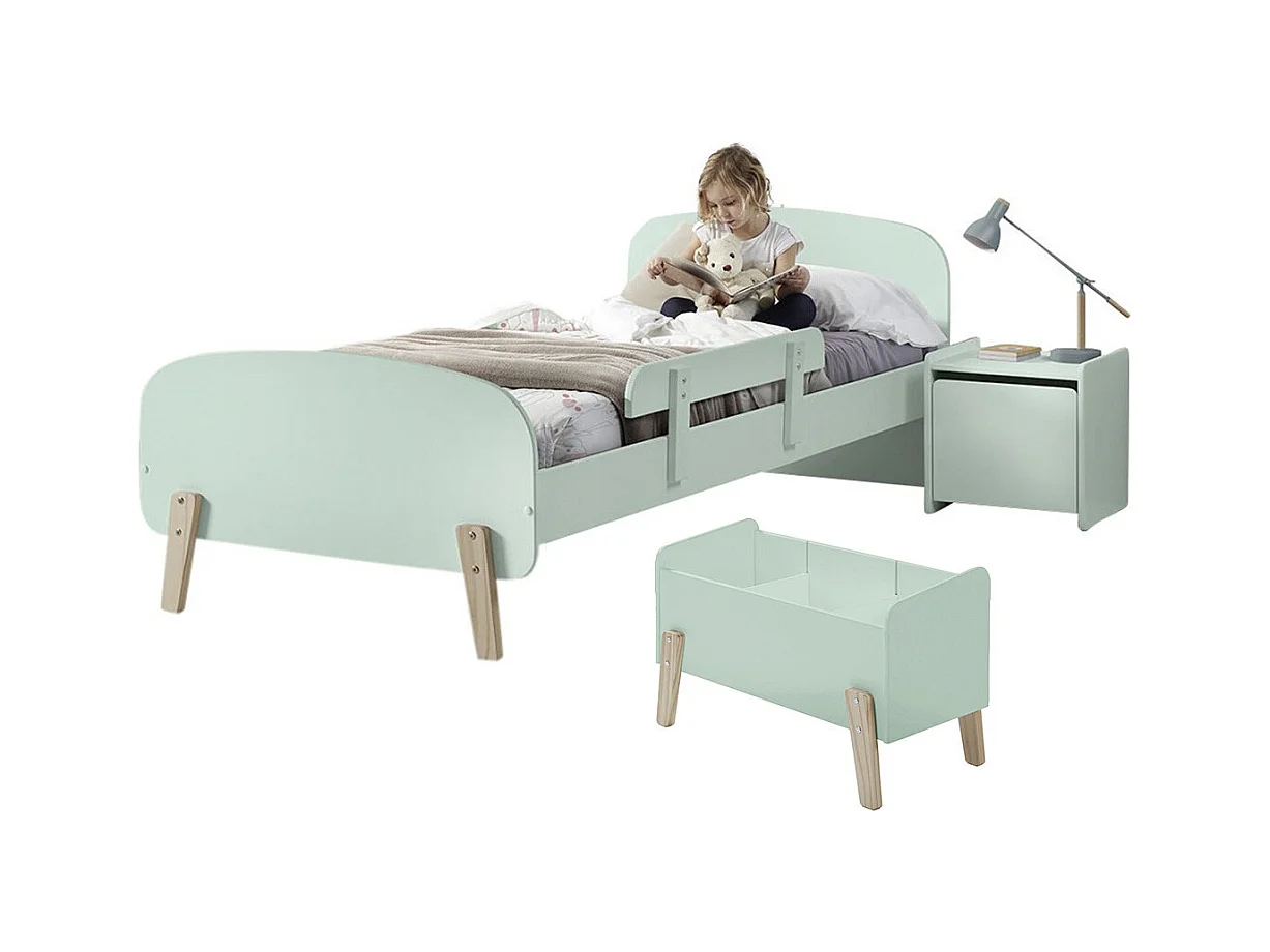 BODHI MINT - Lit 90x200cm avec Barrière + Chevet + Coffre