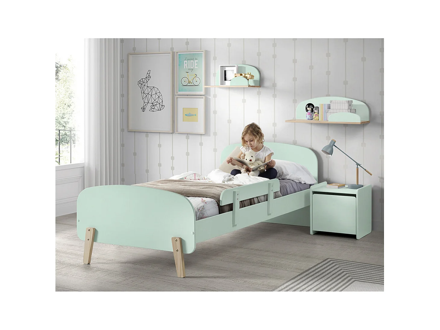 BODHI MINT - Lit 90x200cm avec Barrière + Chevet + Coffre