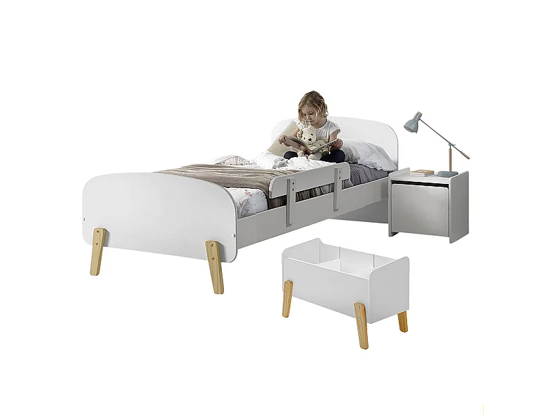 BODHI WHITE - Lit 90x200cm avec Barrière + Chevet + Coffre