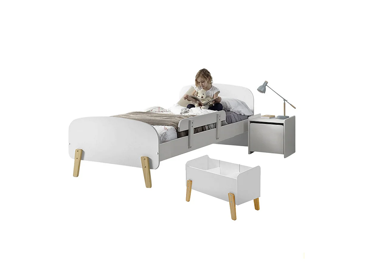 BODHI WHITE - Lit 90x200cm avec Barrière + Chevet + Coffre