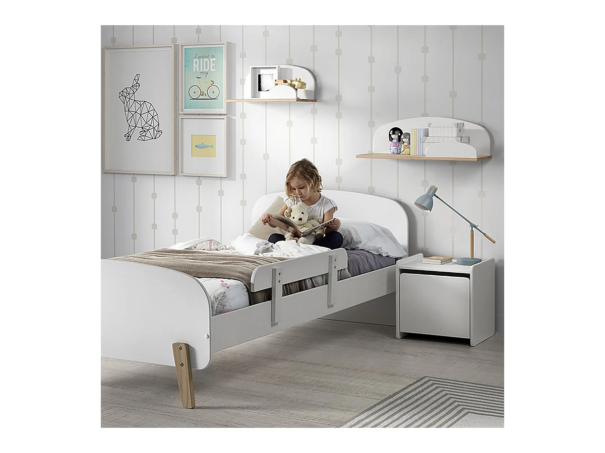 BODHI WHITE - Lit 90x200cm avec Barrière + Chevet + Coffre