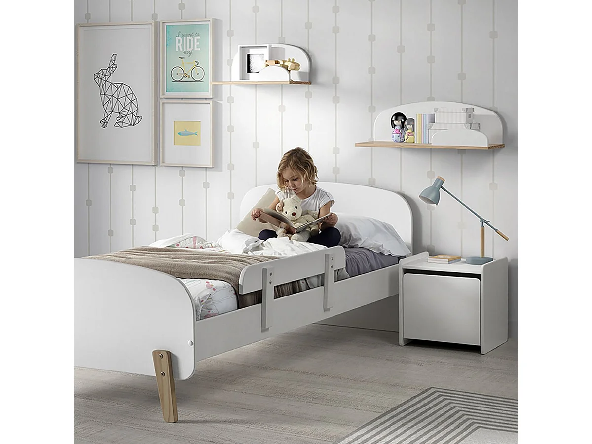 BODHI WHITE - Lit 90x200cm avec Barrière + Chevet + Coffre