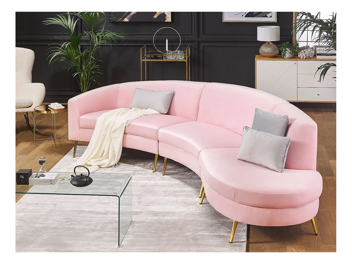 Wohnlandschaft Rundecke rosa Samtstoff 350 cm für Wohnzimmer Moss