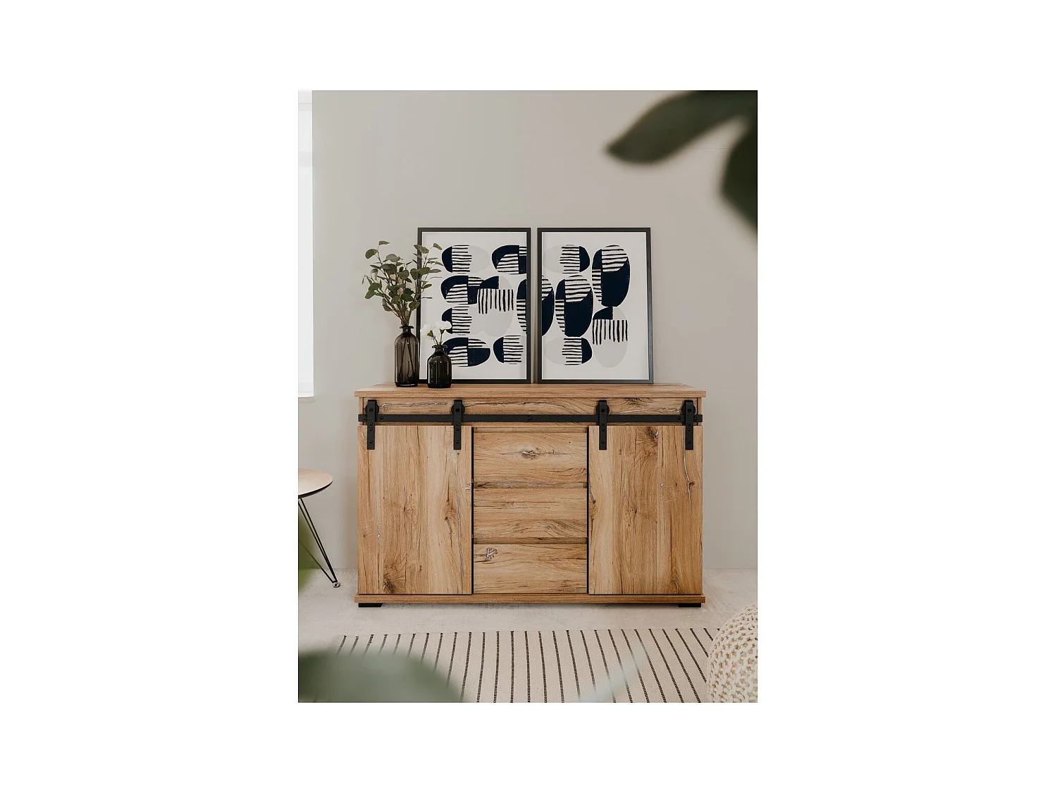 Buffet 2 Schuifdeuren en 3 Centrale Lades L140 cm - MANZANO