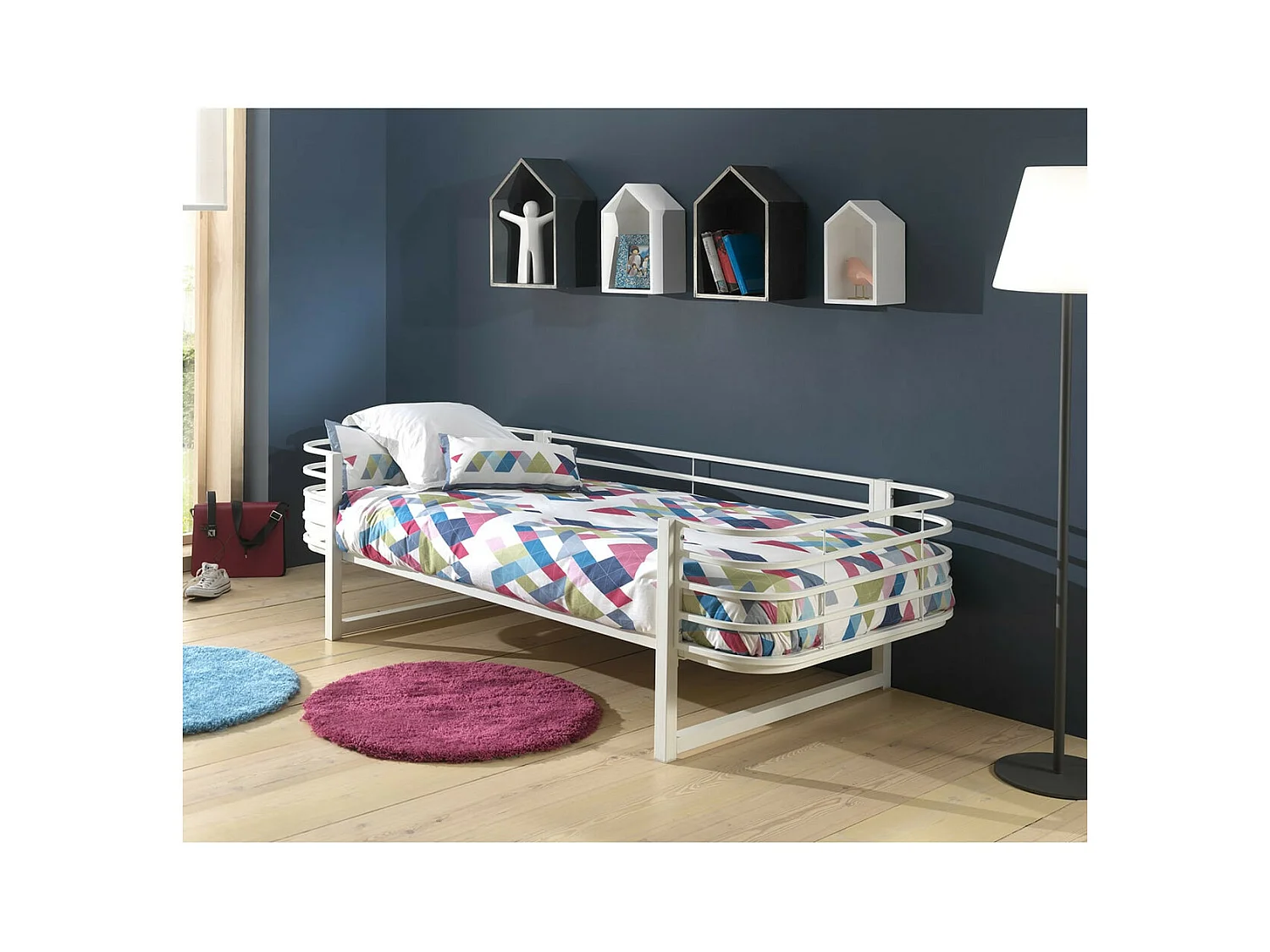 CURVE - Lit 90x200cm Métal Blanc Coins Arrondis