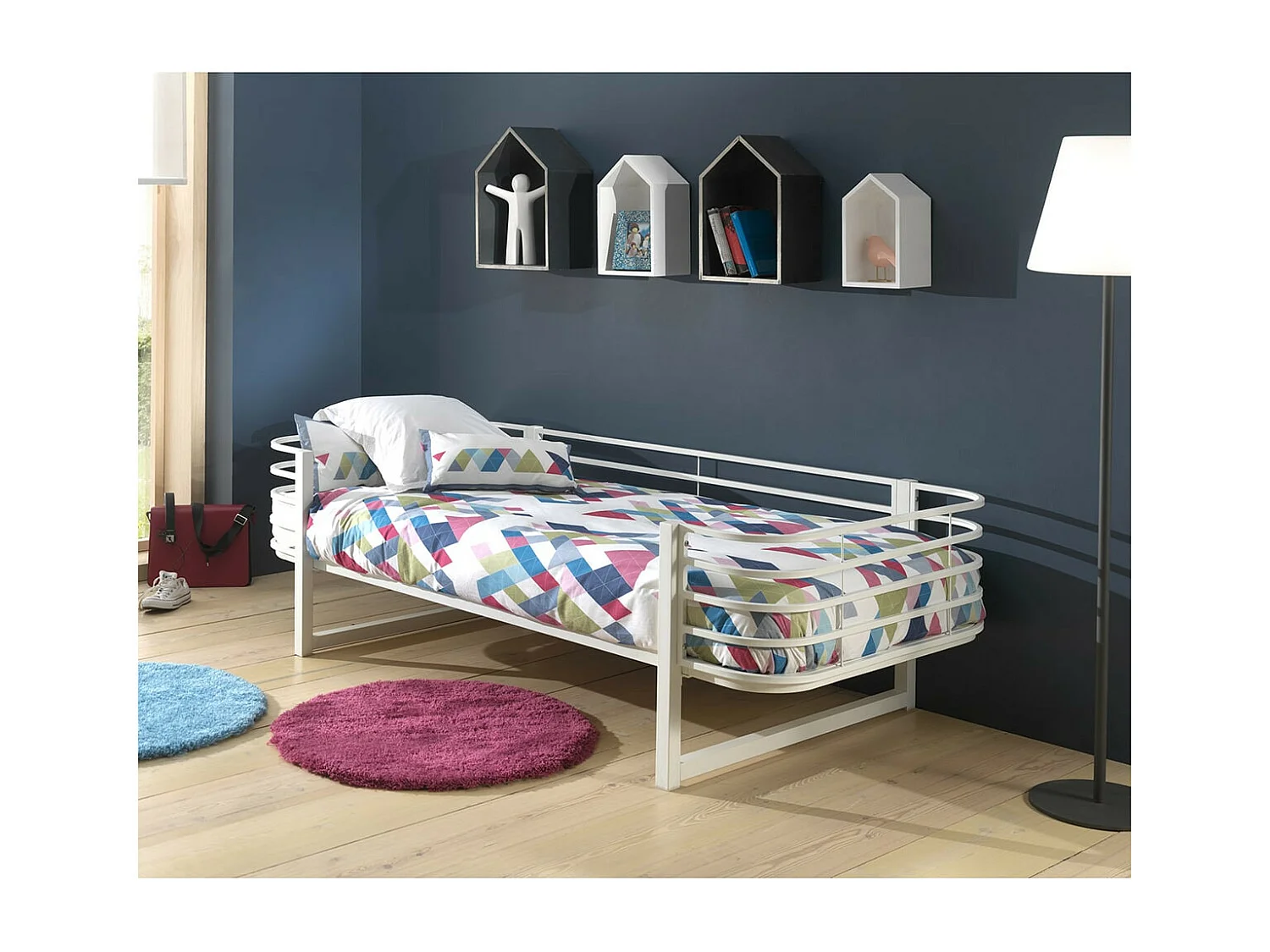 CURVE - Lit 90x200cm Métal Blanc Coins Arrondis