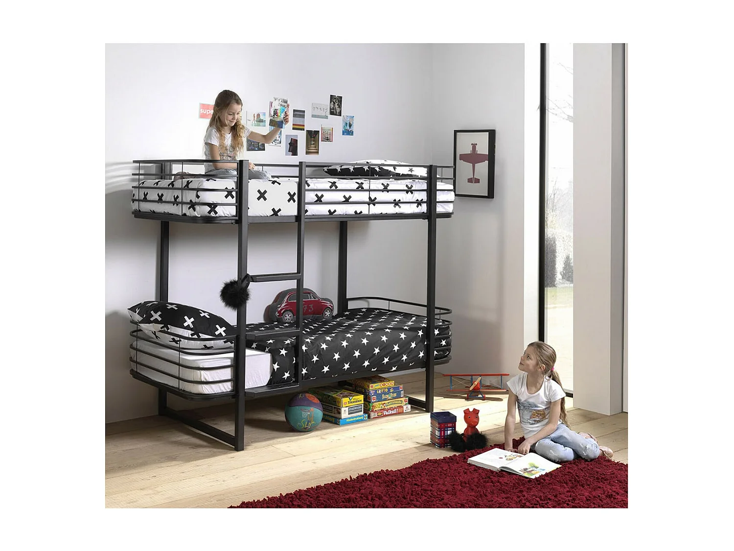 CURVE - Lits Superposés 90x200cm Métal Noir Coins Arrondis