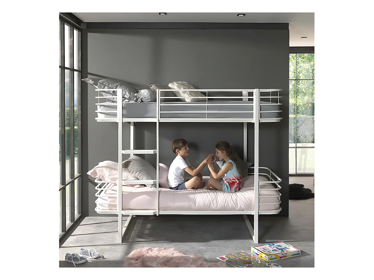 CURVE - Lits Superposés 90x200cm Métal Blanc Coins Arrondis