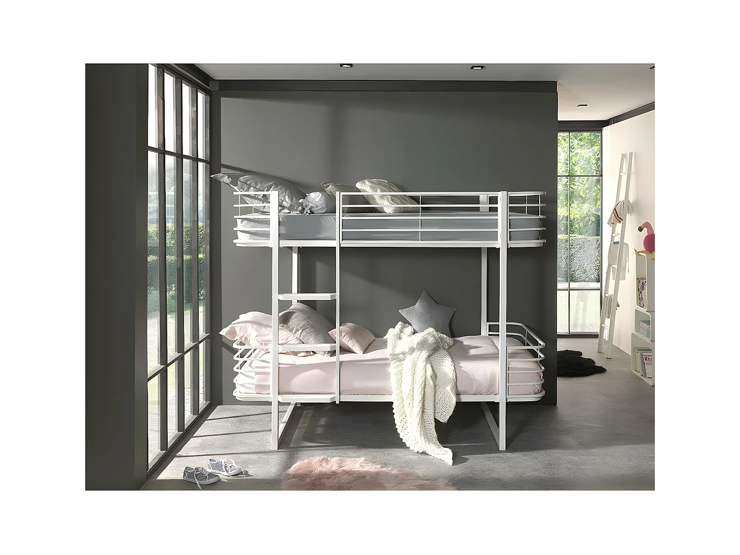 CURVE - Lits Superposés 90x200cm Métal Blanc Coins Arrondis