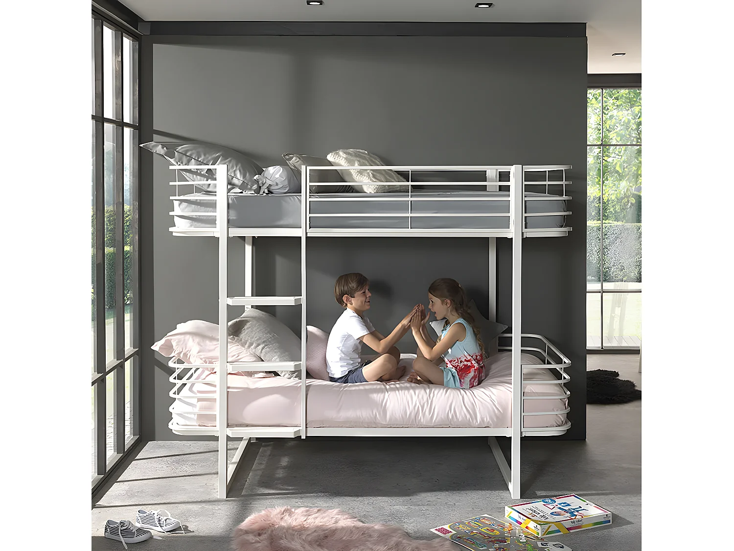 CURVE - Lits Superposés 90x200cm Métal Blanc Coins Arrondis