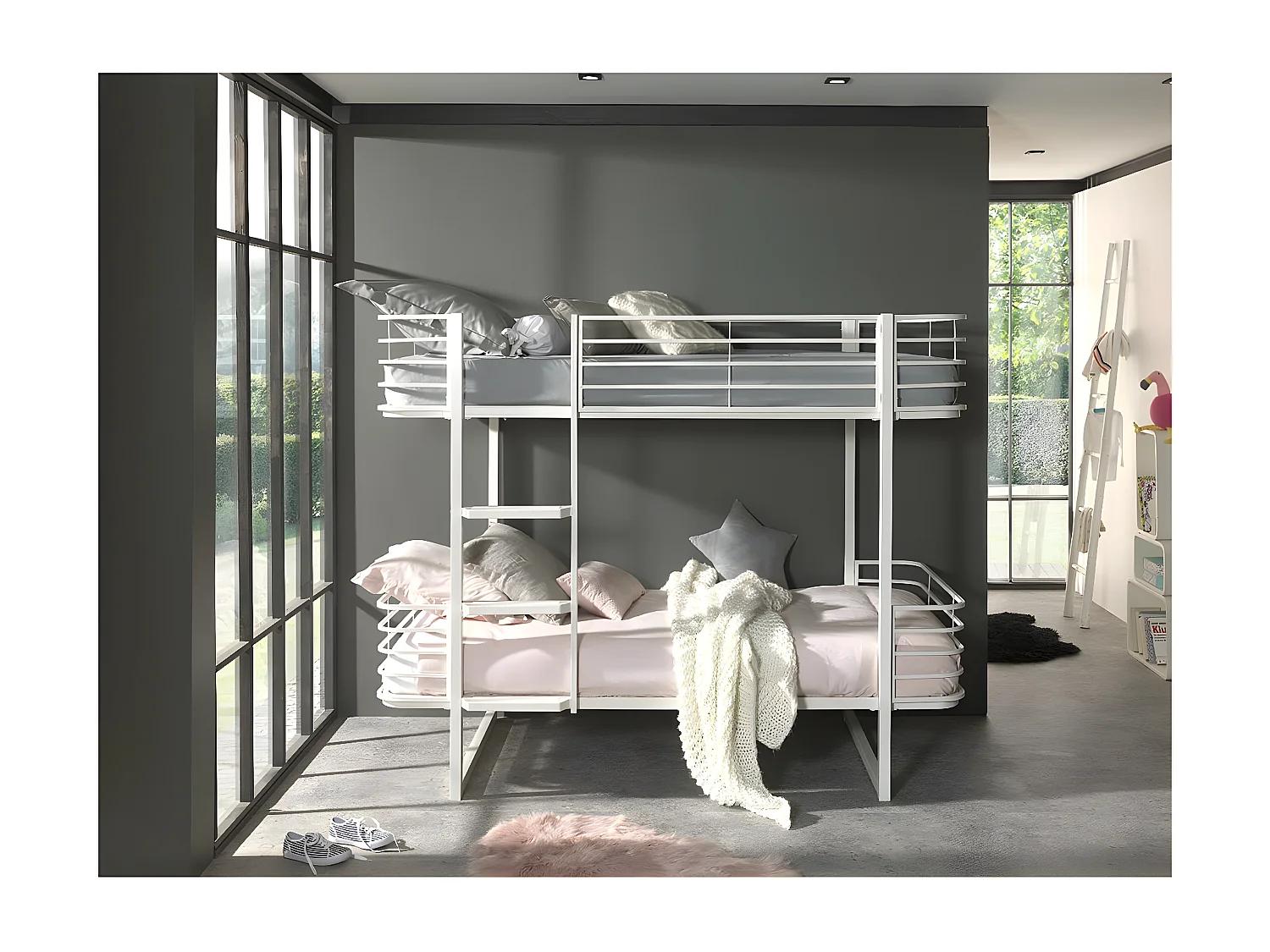 CURVE - Lits Superposés 90x200cm Métal Blanc Coins Arrondis