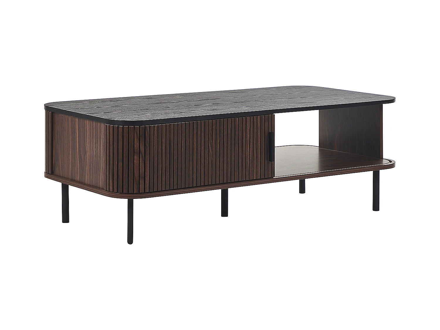 Couchtisch dunkler Holzfarbton Metallgestell schwarz mit 2 Schiebetüren Jose