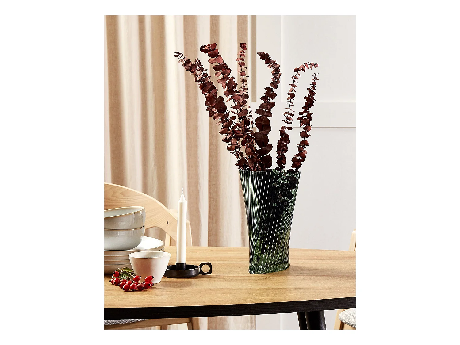 Hohe Deko Blumenvase Glas grün 26 cm mit Rillen breiter Öffnung Modern Marpissa