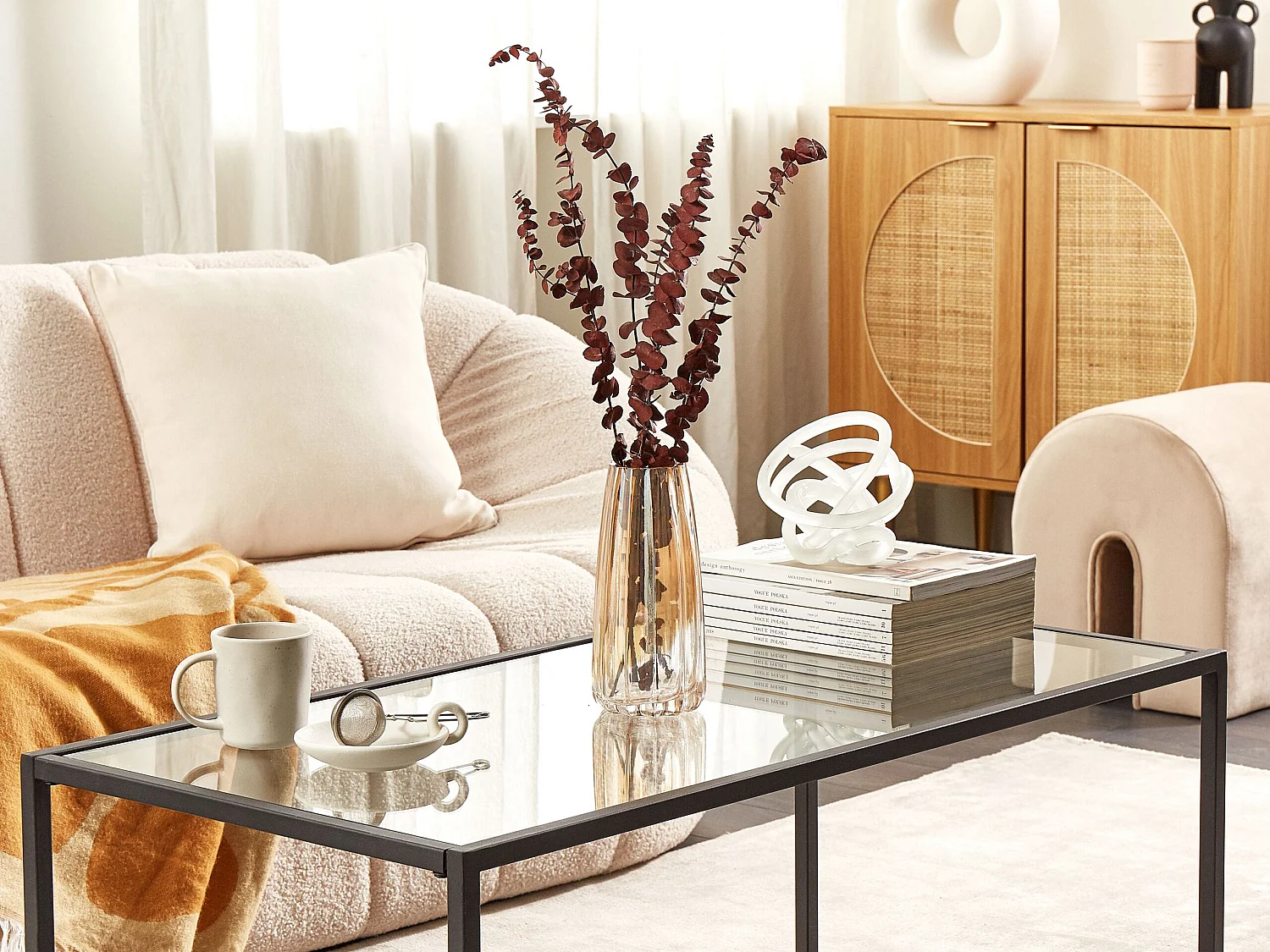 Hohe Deko Blumenvase Glas orange 22 cm Rillen-Struktur breite Öffnung Okatonia