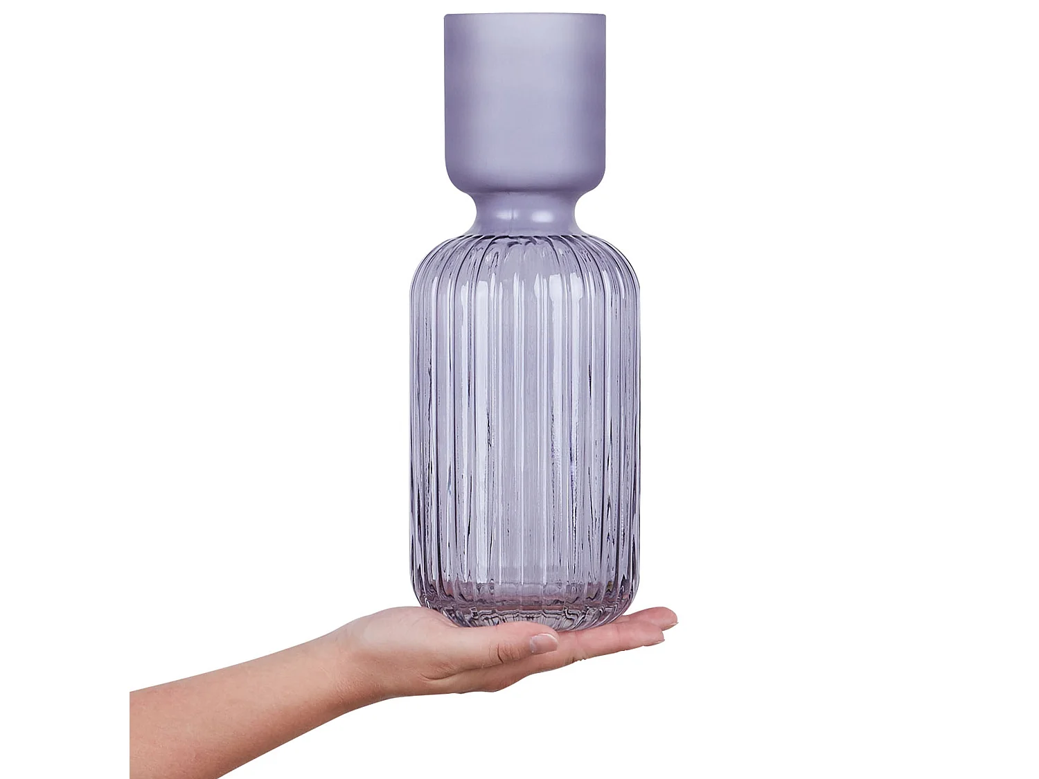 Hohe Deko Blumenvase Glas violett 31 cm mit Rillen schmalem Hals Modern Tragana