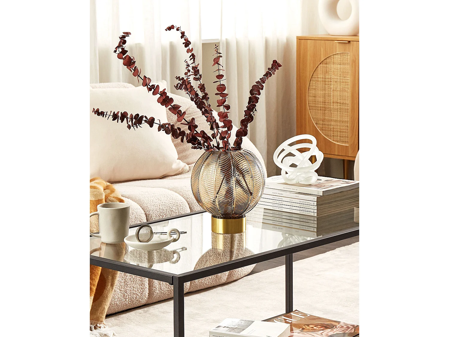 Deko Blumenvase Glas braun 24 cm mit Rillen breiter Öffnung Fuß gold Retro Felli