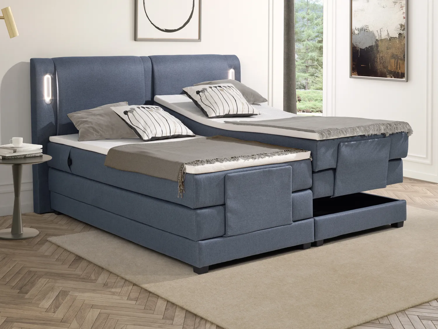 Ensemble complet boxspring tête de lit avec leds + sommiers relaxation électrique + matelas + surmatelas - 2 x 80 x 200 cm - Tissu - Bleu - ASTEMI de PALACIO