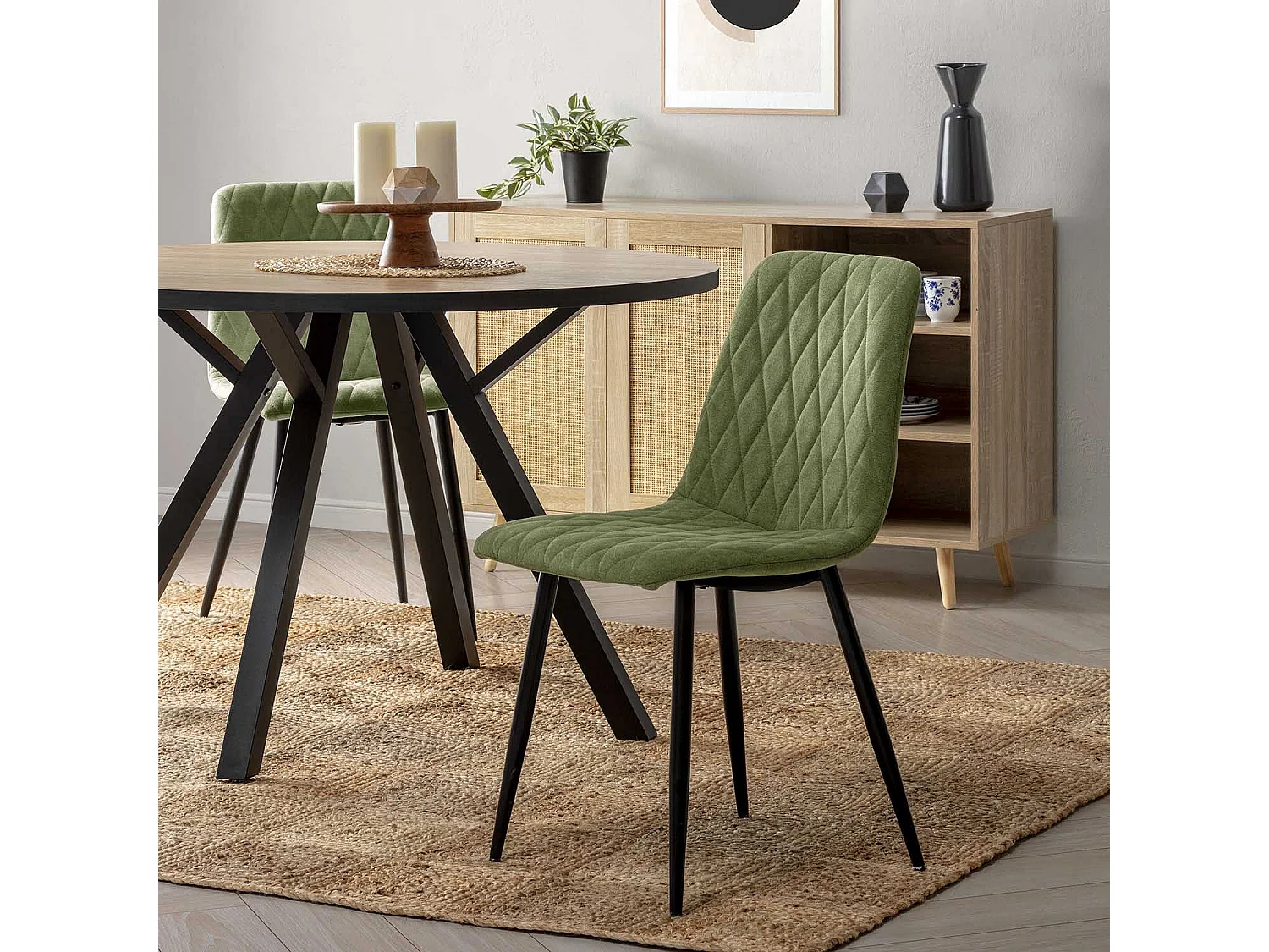 Pack 4 chaises Abril recouvertes de tissu vert