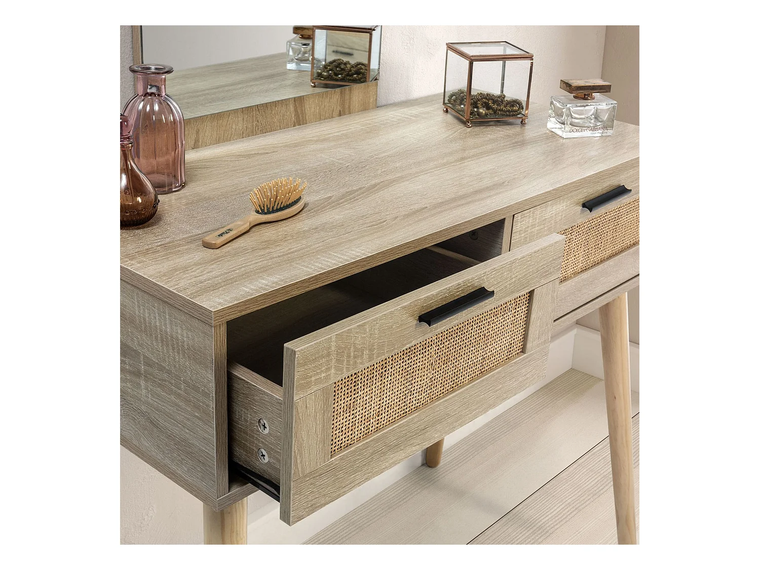 Mueble recibidor Dalia 2 cajones + espejo, color roble